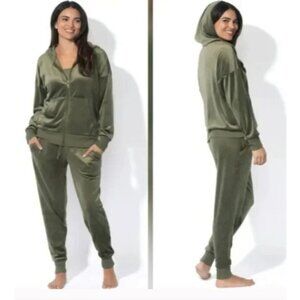 NEW Velour Hoodie & Jogger Tracksuit Set By Felina Olive Green Medium M0173